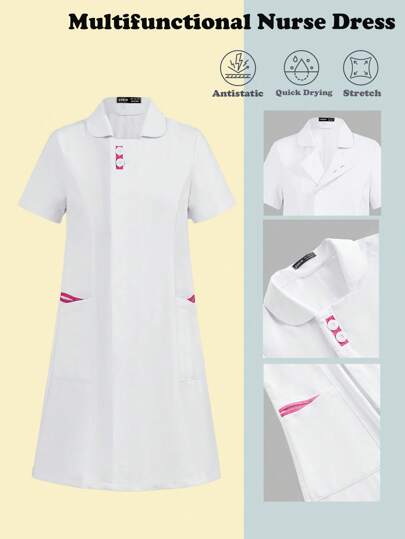 Scrubzie Two-Tone Short Sleeve Lapel Nurse Dress For Women