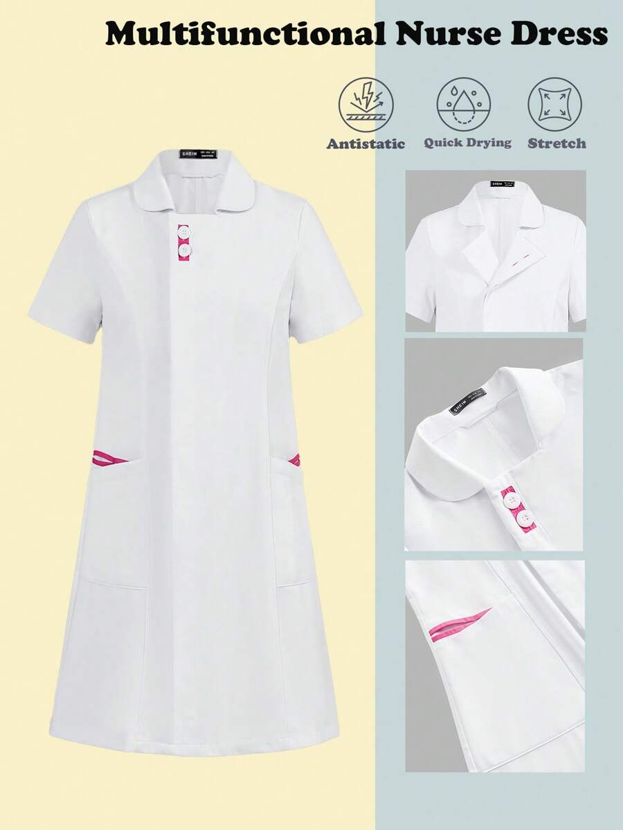 Scrubzie Two-Tone Short Sleeve Lapel Nurse Dress For Women
