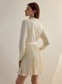 MOTF STUDIO LACE INSERT TEXTURED SATIN PLEATED SHORT DRESS, LONG SLEEVE SHIRT DRESS