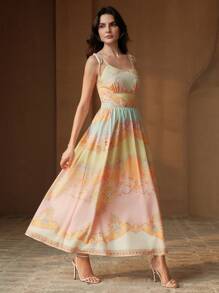 Anewsta Women's New Summer Camisole Long Dress With Waist Cinching And Yellow Floral Print