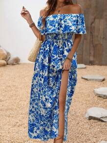 Breezaya 女式花卉印花露肩高低下摆连衣裙，带荷叶边装饰，超长度假海滩装 - 彩色 - 查看 3