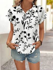 SHEIN LUNE Casual Loose Fitting Short Sleeve Button-Up Shirt, Suitable For Summer - Multicolor - View 4