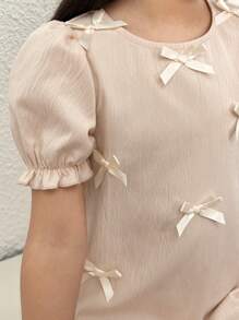 SHEIN Leap Crew Young Girl Casual Fitted Elegant Minimalist Bow Decor Puff Short Sleeve Loose A-Line Splice Frill Trim Round Neck Relaxed Woven Solid Color Dress - Apricot - View 3