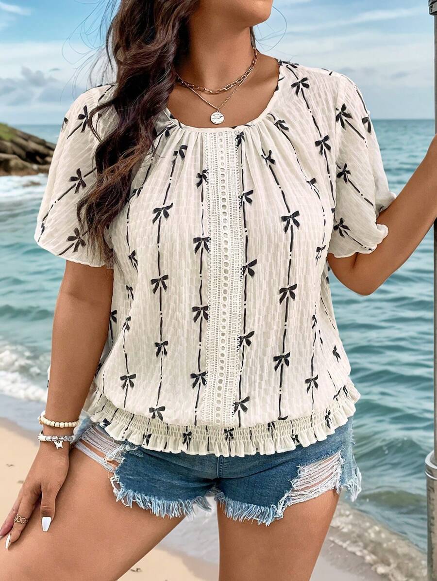 SHEIN LUNE Plus-Size Women'S Summer Mothers Day Bow Printed Crew Neck Short-Sleeved Blouse - Apricot - View 1