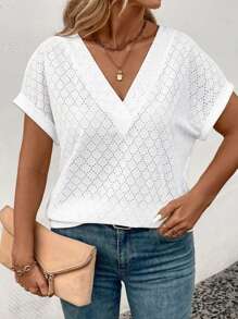 SHEIN VCAY Nueva camiseta de manga corta suelta con cuello en V de jackard para mujer de talla grande de moda casual