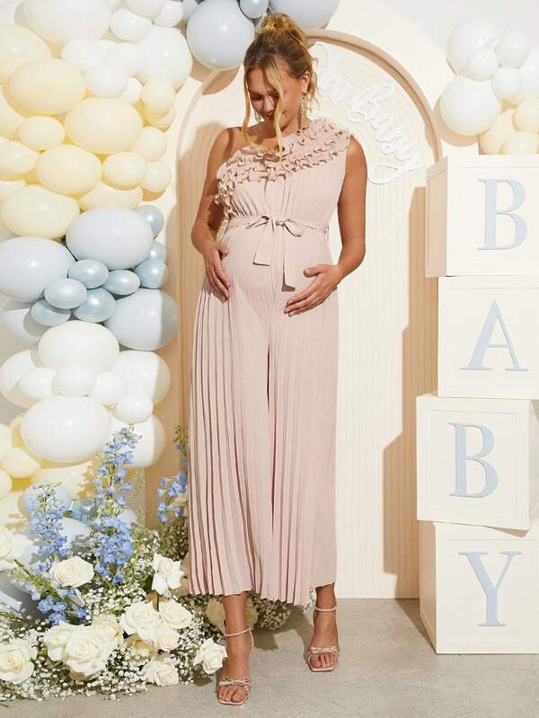 Loomaby Maternity Asymmetric Shoulder Ruffle Waist Pleated Jumpsuit,Gender Reveal Dress,Baby Shower Dress,Maternity Dress