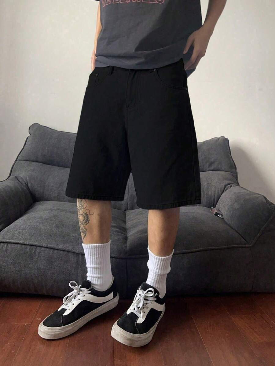 Claim Dot Plus Size Men's Casual Simple Solid Color Wide Leg Denim Shorts - Black - View 1