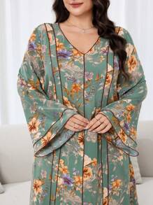 Al Najma Plus Size Women Floral Print V-Neck Flare Sleeve Loose Arab Style Maxi Dress, Modest Kaftan