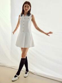 MOTF STUDIO CONTRAST COLLAR HALF BUTTON TANK DRESS - Black and White - View 6