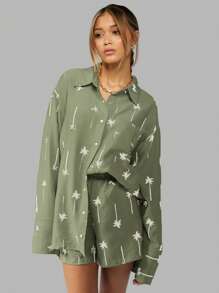 MISSGUIDED Palm Tree Print Linen Feel Style Summer Beach Resort Two Piece Set Button Down Shirt And Matching Shorts Leisure Holiday Lounge Wear Coordinated Set Christmas - Green - View 3