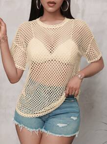 Slaydiva 加大码黑色透视宽松七分袖圆领休闲街头风长款T恤，适合春秋季