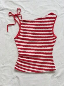 Soleia Women's Red & White Striped Knit Slim Fit Asymmetrical Neck Blouse, Suitable For Party, Christmas, Date, Beach, Cruise, Festival, Summer - Red and White - View 2