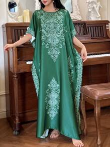 DAZY Pattern Print Loose Maxi Women Nightgown - Green - View 6