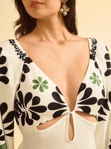 CAJUNI Women's Boho Vintage Floral Print Backless Dress With Waist Cutout, Long Sleeve Vacation Style