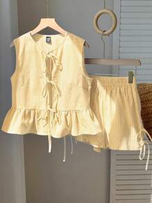 Comfortcana Women's Yellow Striped Woven Casual Outfit, Summer - Yellow - View 5