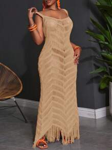 Slaydiva Plus Size Summer Sleeveless Vacation Hollow-Out Sheer Maxi Bodycon Dress Mesh Maxi Dress Knit Maxi Dress Gold Maxi Dress Tan Maxi Dress - Khaki - View 5