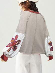 Bohemela T-shirt ample à col rond pour femmes, en maille de couleur unie, avec patchwork, manches lanternes et broderie florale