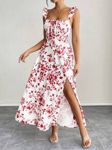 PETITE Vestido largo de mujer con aberturas altas laterales, tirantes con volantes, con fondo blanco y flores azules para vacaciones - Rojo - Ver 2