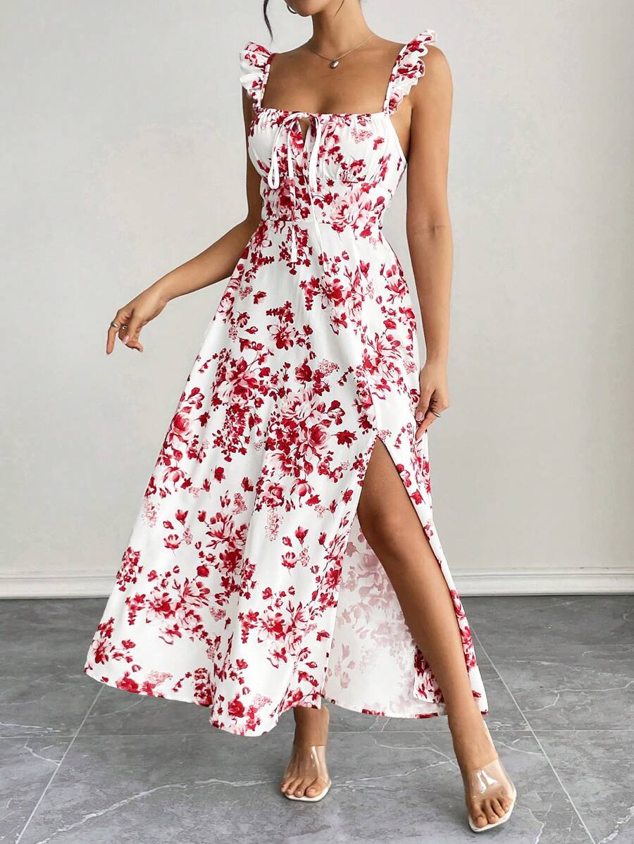 SHEIN PETITE Women's Long Dress With High Side Slits, Ruffled Straps, White Background And Blue Flowers For Vacation Summer Dresses For Women - Red - View 1