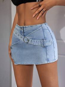 SHEIN ICON Shorts vaqueros casuales de diseño asimétrico para mujer para el verano - Azul - Ver 3