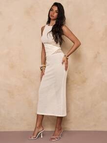 SHEIN BAE Women Solid Color Round Neck Sleeveless Contrast Lace Fitted Elegant Dress - Yellow - View 4