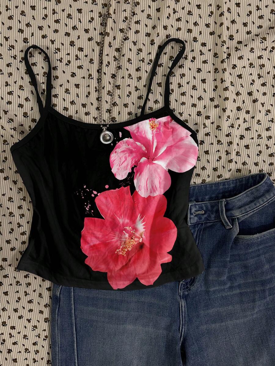 Lässiges Camisole-Oberteil im Vintage-Stil mit tropischem Blume Muster für Teenager-Mädchen, geeignet für den Sommerurlaub, entspannten Urlaub - Verschiedenfarbig - Übersicht 1