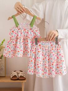 Young Girls Summer New Casual Loose Sleeveless Tulips Tie-Dye Heart Print Sweet Versatile Fashion Cute Dopamine Set - Hot Pink - View 2