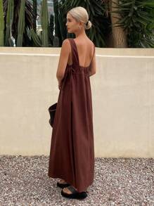 Livesso Women Colorblock V-Neck Cinched Waist Flare Long Dress, Summer Linen