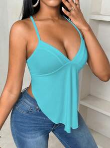 SHEIN PETITE 小巧深V领不对称下摆修身性感背心性感女式白色背心简约日常吊带背心 - 水鴨藍 - 查看 4