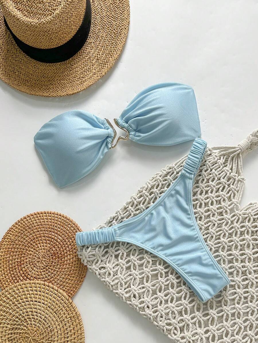 Swim Mod Conjunto de bikini de 2 piezas para mujer de verano, de unicolor, sin tirantes, con decoración metálica y atar