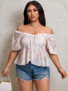 Flirla Plus Size Women's Summer Elegant Hollow Embroidery Drawstring Detail Sweetheart Neck Blouse - Multicolor - View 3