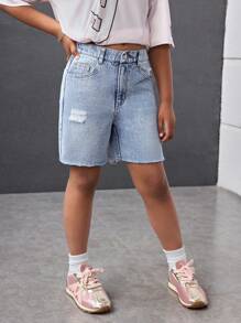 Shorts vaqueros azules desgastados de estilo casual de verano para niña joven - Lavado ligero - Ver 4