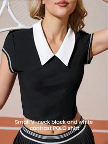 Gameset SHEIN Sport 女款夏季拼接領短版運動 Polo 衫健身上衣高爾夫套裝 - 彩色 - 查看 2