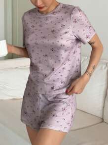 2pcs/Set Ditsy Floral Short Sleeve Top And Shorts Summer Pajama Set - Purple - View 5