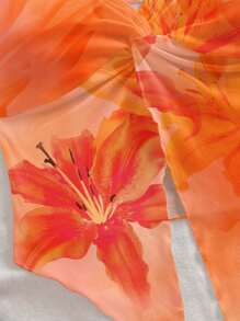 Soleia 2pcs Women Casual Summer Vacation Style Corset Top, Featuring Yellow Tie-Dye Pattern & Orange Tropical Flower Print, Asymmetrical Hemline, Suitable For Spring/Summer Holiday Tube Top