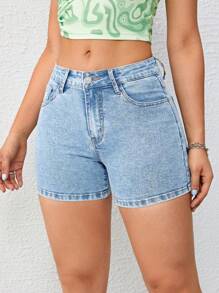 SHEIN Essnce Casual Washed Stretchy Slim Fit Denim Shorts - Light Wash - View 5