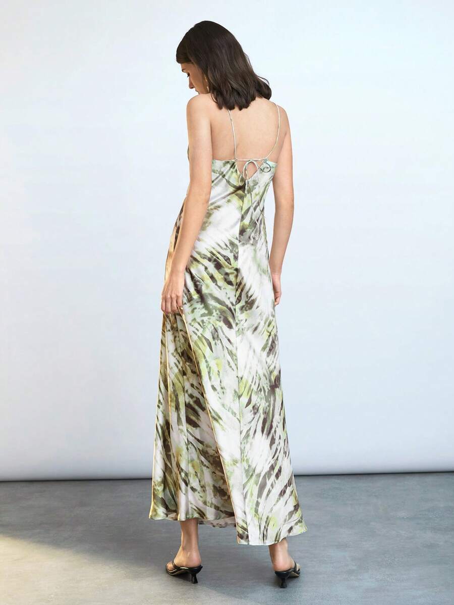 Maija 2025 年夏季新款蝴蝶结可调节肩带印花吊带裙，绿色，百搭，适合海滩度假、城市通勤、优雅派对、休闲聚会、海滩度假、音乐节、早午餐、办公室、毕业季、圣约翰节前夕 - 彩色 - 查看 1