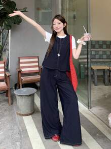 DAZY 2pcs Women's Casual Washed Loose Denim Vest & Wide Leg Pants Set - Blue - View 3