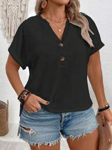 SHEIN Plus Size Women New Fashion Casual V-Neck Button Loose Raglan Short Sleeve T-Shirt