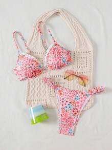 Swim Mod Ladies Printed 2pcs Swimsuit With Halter Neck, Frill Trim Shoulder Straps, Back Tie And Side Ruffle Details For Summer Beach Vacation - Multicolor - View 4