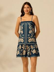 CAJUNI 女式波西米亚风热带植物印花细肩带后背系带短款休闲沙滩度假夏季连衣裙