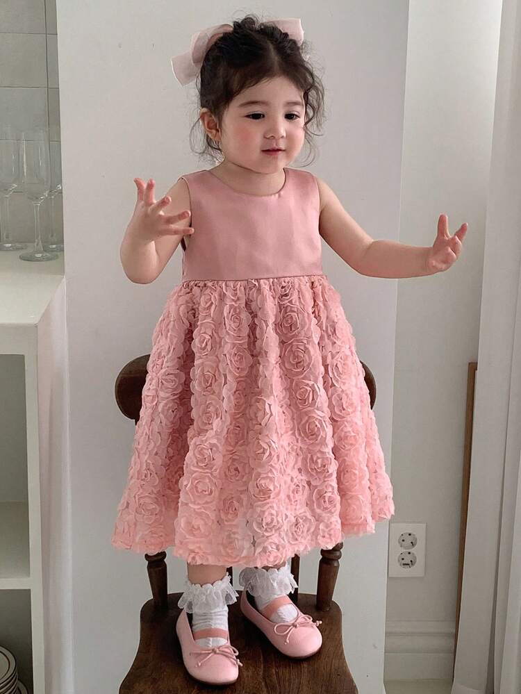 Toddler Girls' Loose Floral Satin Mid-Length Round Neck Dress