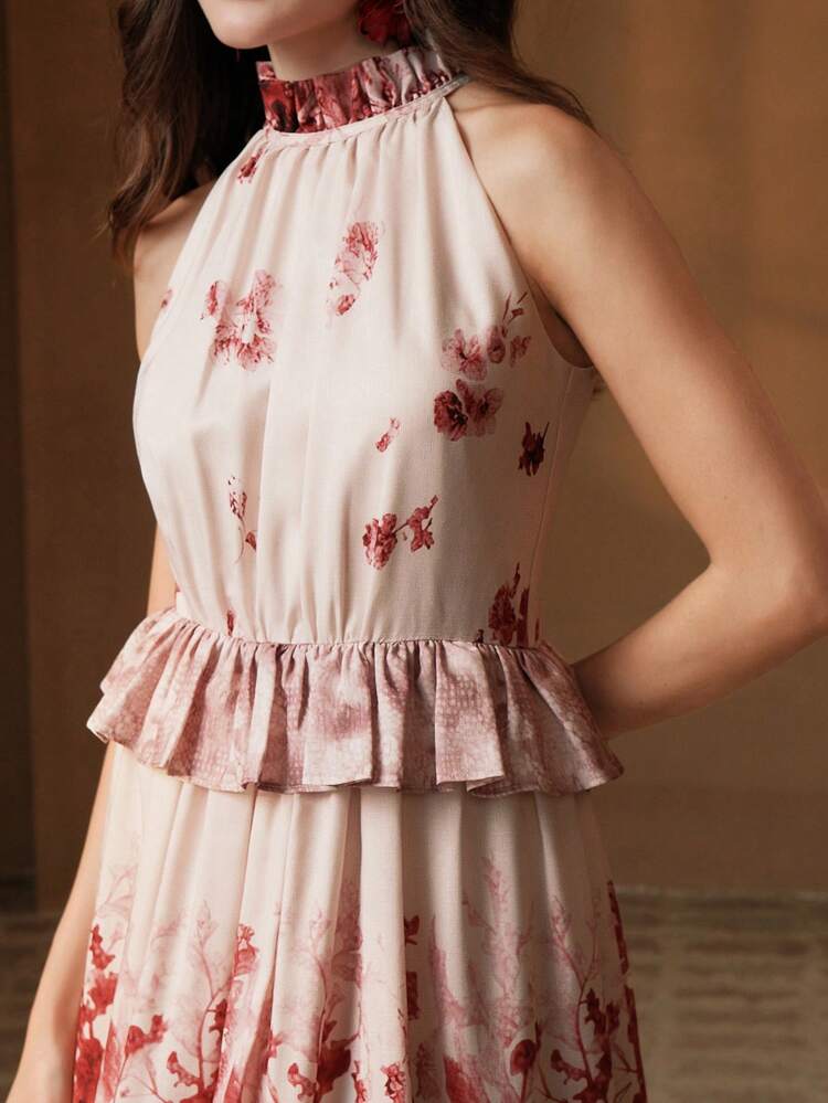Women's Ruffle Trim Vintage Floral Print Sleeveless Dress, Suitable For Summer, Festival, Holiday, Vacation, Elegant, Beach
