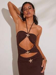 SHEIN BAE 女士纯色露背镂空休闲度假无袖连衣裙