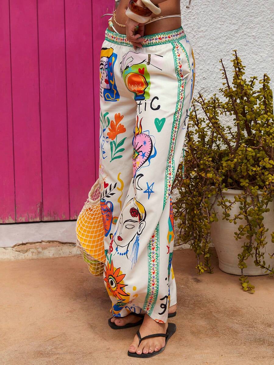 Athîral Women's Casual Vacation Summer Full Print Pants ,Ibiza Outfits,Bohemian Clothes - Multicolor - View 1