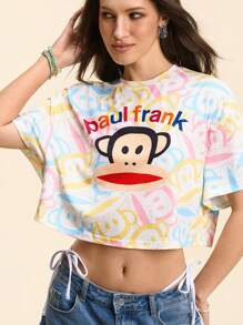 Paul Frank X SHEIN Camiseta de manga corta de cuello redondo con estampado de letras y monos, informal, para el verano