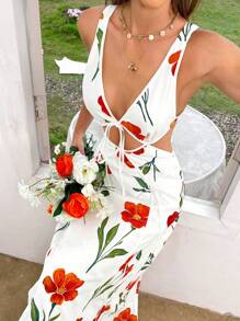 SHEIN VCAY 女士V领印花梭织露背长裙，度假风格，休闲夏日度假波西米亚海滩波西米亚风，乡村音乐会服装，节日庆典服装，复古风格，毕业服装，太阳裙，生日礼服 - 白色 - 查看 1