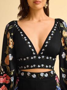 CAJUNI 女式波西米亚风热带花卉和菠萝印花深 V 领露背系带蝴蝶结灯笼袖休闲衬衫