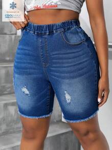 SHEIN SXY 大码松紧腰带破洞口袋休闲牛仔机车裤 - 中等水洗藍 - 查看 1