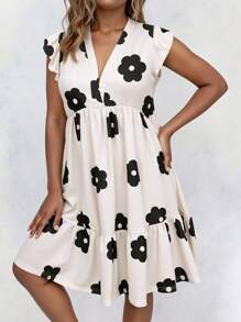 Vestido midi de flores de tallas grandes con escote en V, mangas con volantes y contraste de colores para mujer - Beis - Ver 3